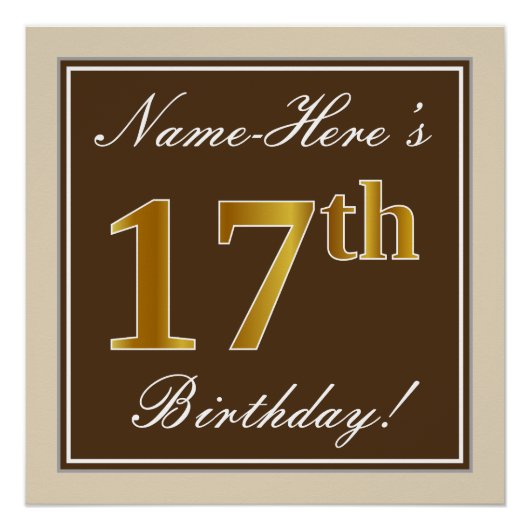 Elegant, bruin, Faux Gold 17th Birthday + naam Poster (Voorkant)