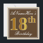 Elegant, bruin, Faux Gold 18th Birthday   naam Kaart<br><div class="desc">Dit eenvoudige en elegante uitnodigingsontwerp voor verjaardagsfeestjes heeft een gepersonaliseerde boodschap zoals "ANameHere’s 18th Birthday" (met de "18th" met een faux/imitatie goud-achtige kleurlook) binnen een bruin gekleurd vierkant met een eenvoudige randomtrek. De naam is in een elegante wit-gekleurde script-achtige tekst, en kan worden gepersonaliseerd. De achterkant bevat gepersonaliseerde uitnodigingsdetails. Een...</div>