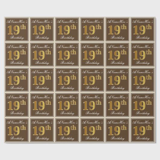 Elegant, bruin, Faux Gold 19th Birthday + naam Cadeaupapier (Vlak)