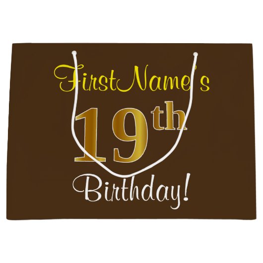 Elegant, bruin, Faux Gold 19th Birthday + naam Large Cadeautasje (Voorkant)