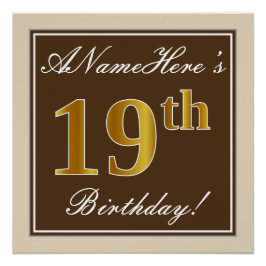 Elegant, bruin, Faux Gold 19th Birthday + naam Poster