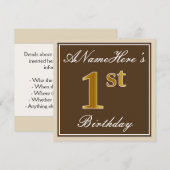 Elegant, bruin, Faux Gold 1st Birthday + naam Kaart (Voorkant / Achterkant)