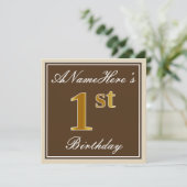 Elegant, bruin, Faux Gold 1st Birthday + naam Kaart (Staand voorkant)