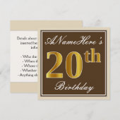Elegant, bruin, Faux Gold 20th Birthday + naam Kaart (Voorkant / Achterkant)