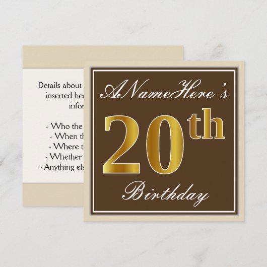 Elegant, bruin, Faux Gold 20th Birthday + naam Kaart (Voorkant / Achterkant)