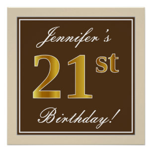 Elegant, bruin, Faux Gold 21st geboortedag + naam Perfect Poster