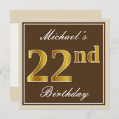 Elegant, bruin, Faux Gold 22e verjaardag + naam Kaart (Voorkant / Achterkant)