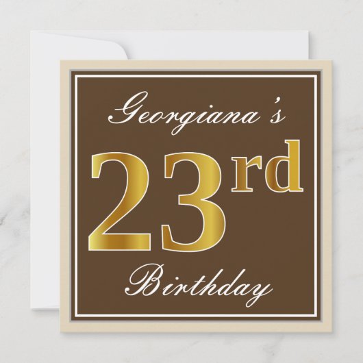 Elegant, bruin, Faux Gold 23rd Birthday + naam Kaart (Voorkant)