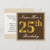 Elegant, bruin, Faux Gold 25th Birthday + naam Kaart (Voorkant / Achterkant)