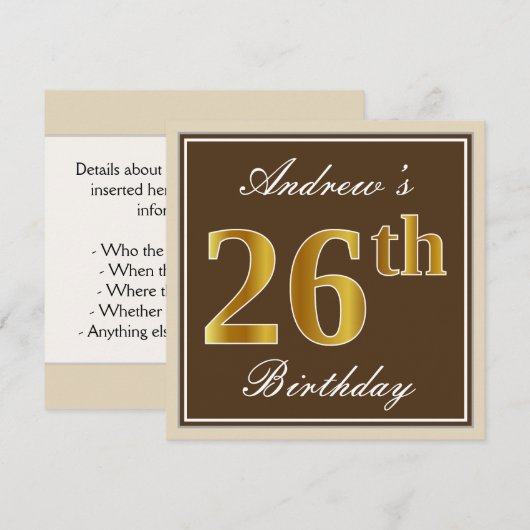 Elegant, bruin, Faux Gold 26th Birthday + naam Kaart (Voorkant / Achterkant)