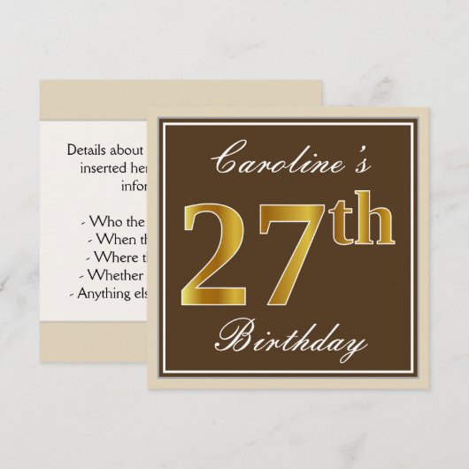 Elegant, bruin, Faux Gold 27th Birthday + naam Kaart (Voorkant / Achterkant)