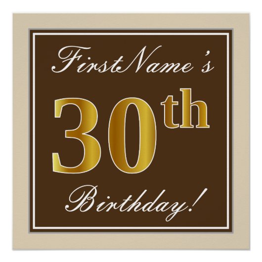 Elegant, bruin, Faux Gold 30th Birthday + naam Perfect Poster (Voorkant)