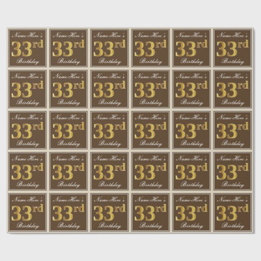 Elegant, bruin, Faux Gold 33rd Birthday + naam Cadeaupapier (Vlak)
