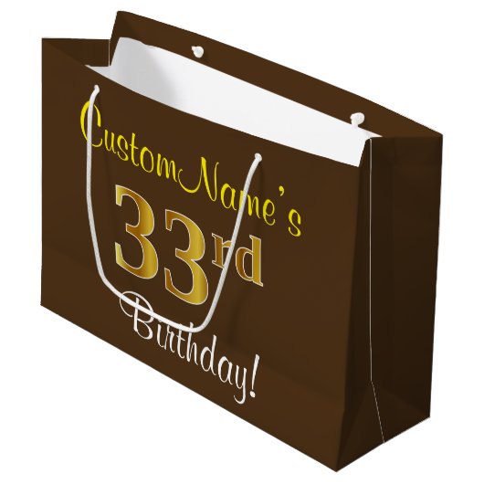 Elegant, bruin, Faux Gold 33rd Birthday + naam Groot Cadeauzakje (Voorkant Gekanteld)