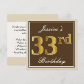 Elegant, bruin, Faux Gold 33rd Birthday + naam Kaart (Voorkant / Achterkant)