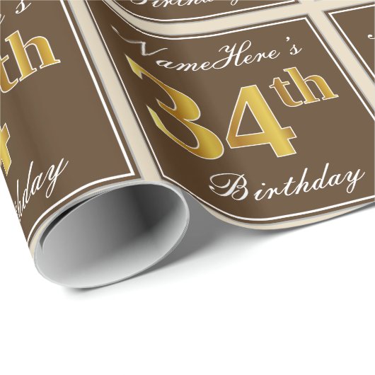 Elegant, bruin, Faux Gold 34th Birthday + naam Cadeaupapier (Rol Hoek)