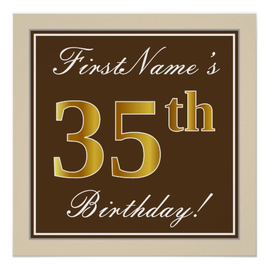 Elegant, bruin, Faux Gold 35th Birthday + naam Poster (Voorkant)