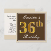 Elegant, bruin, Faux Gold 36th Birthday + naam Kaart (Voorkant / Achterkant)