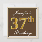 Elegant, bruin, Faux Gold 37th Birthday + naam Kaart (Voorkant)