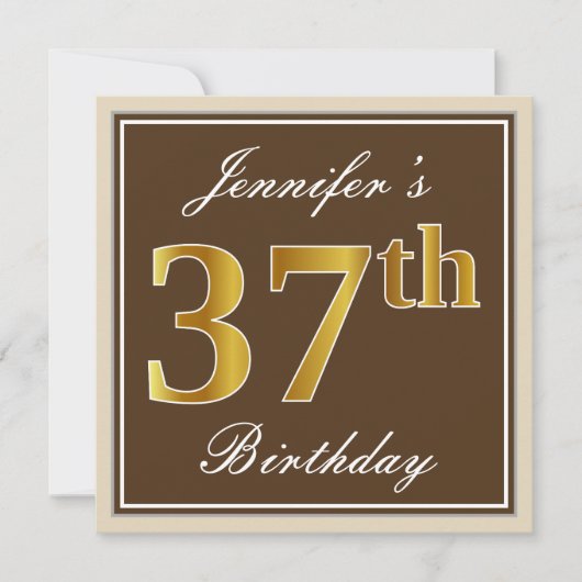 Elegant, bruin, Faux Gold 37th Birthday + naam Kaart (Voorkant)