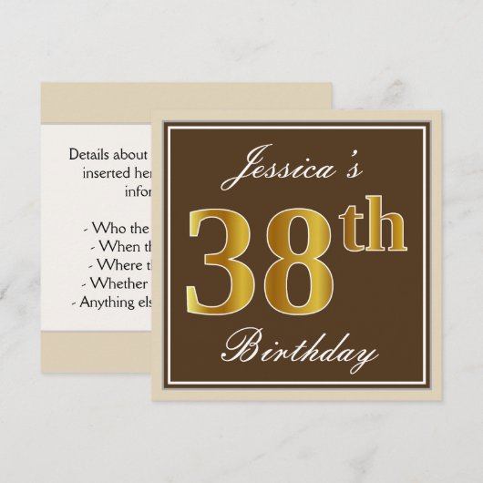 Elegant, bruin, Faux Gold 38th Birthday + naam Kaart (Voorkant / Achterkant)