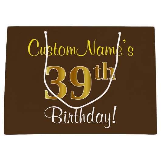 Elegant, bruin, Faux Gold 39th Birthday + naam Groot Cadeauzakje (Voorkant)