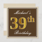 Elegant, bruin, Faux Gold 39th Birthday + naam Kaart (Voorkant / Achterkant)