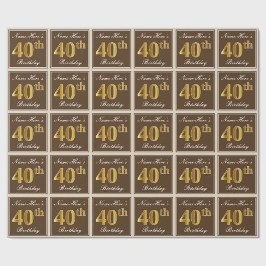 Elegant, bruin, Faux Gold 40th Birthday + naam Cadeaupapier (Vlak)