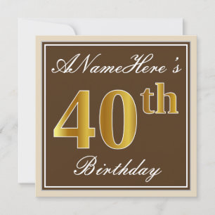 Elegant, bruin, Faux Gold 40th Birthday + naam Kaart