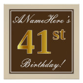 Elegant, bruin, Faux Gold 41st Birthday + naam Perfect Poster (Voorkant)