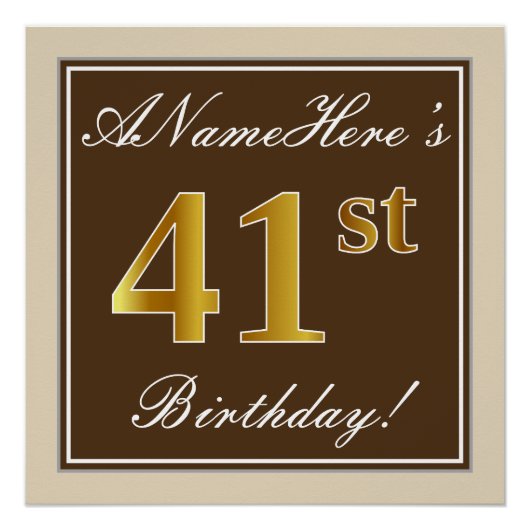 Elegant, bruin, Faux Gold 41st Birthday + naam Perfect Poster (Voorkant)