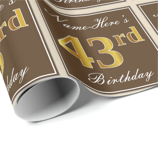 Elegant, bruin, Faux Gold 43rd Birthday + naam Cadeaupapier (Rol Hoek)