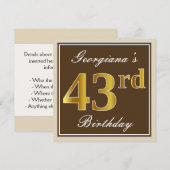 Elegant, bruin, Faux Gold 43rd Birthday + naam Kaart (Voorkant / Achterkant)