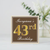 Elegant, bruin, Faux Gold 43rd Birthday + naam Kaart (Staand voorkant)