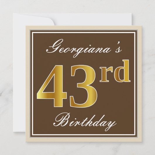 Elegant, bruin, Faux Gold 43rd Birthday + naam Kaart (Voorkant)