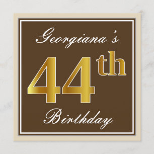 Elegant, bruin, Faux Gold 44th Birthday + naam Kaart