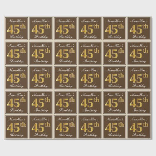Elegant, bruin, Faux Gold 45th Birthday + naam Cadeaupapier (Vlak)