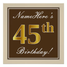 Elegant, bruin, Faux Gold 45th Birthday + naam