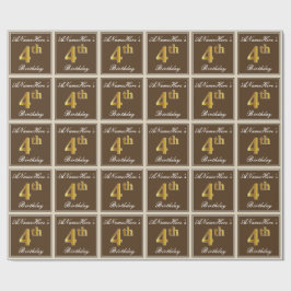 Elegant, bruin, Faux Gold 4th Birthday + naam Cadeaupapier
