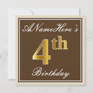 Elegant, bruin, Faux Gold 4th Birthday + naam Kaart