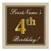 Elegant, bruin, Faux Gold 4th Birthday + naam Poster (Voorkant)