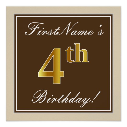 Elegant, bruin, Faux Gold 4th Birthday + naam Poster (Voorkant)