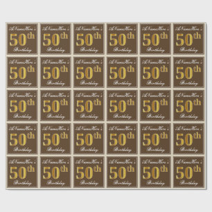 Elegant, bruin, Faux Gold 50th Birthday + naam Cadeaupapier