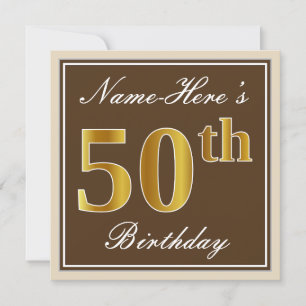 Elegant, bruin, Faux Gold 50th Birthday + naam Kaart