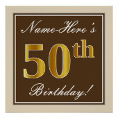 Elegant, bruin, Faux Gold 50th Birthday + naam Poster (Voorkant)