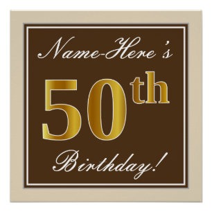 Elegant, bruin, Faux Gold 50th Birthday + naam Poster