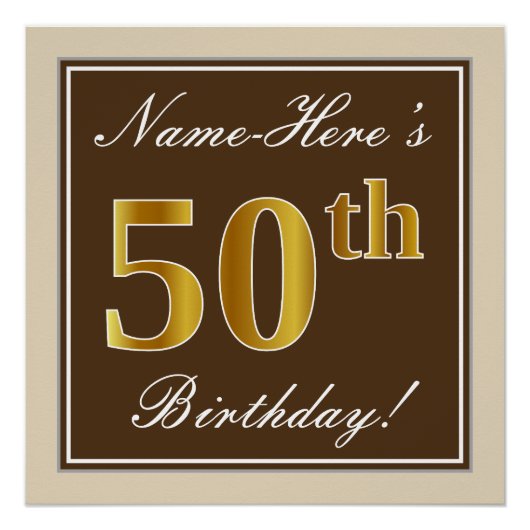 Elegant, bruin, Faux Gold 50th Birthday + naam Poster (Voorkant)