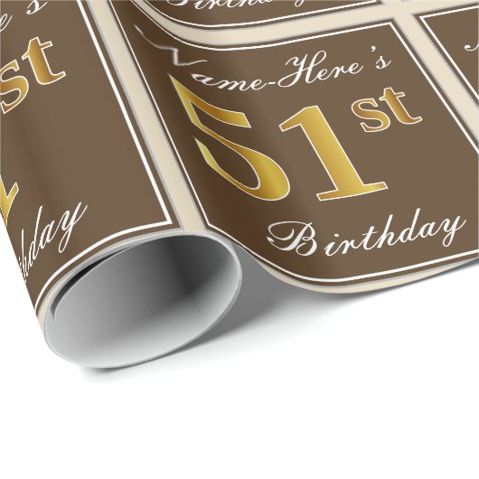 Elegant, bruin, Faux Gold 51st Birthday + naam Cadeaupapier (Rol Hoek)
