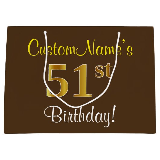 Elegant, bruin, Faux Gold 51st Birthday + naam Groot Cadeauzakje (Voorkant)