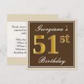 Elegant, bruin, Faux Gold 51st Birthday + naam Kaart (Voorkant / Achterkant)